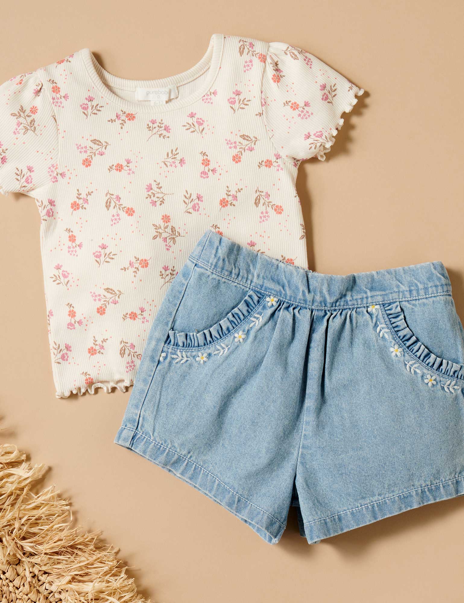 Purebaby Short Rib Tee - Cloud  Daisy