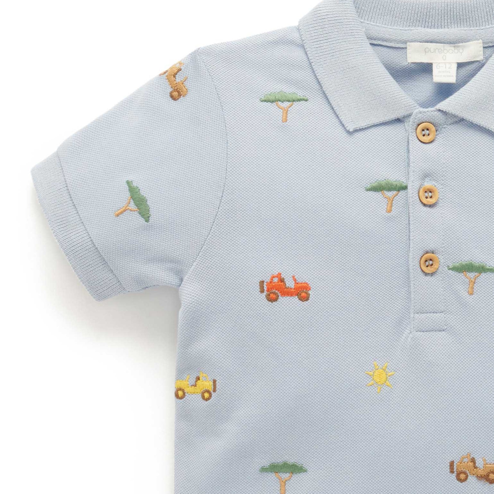 Purebaby Safari Polo Shirt - Sky Safara Broderie