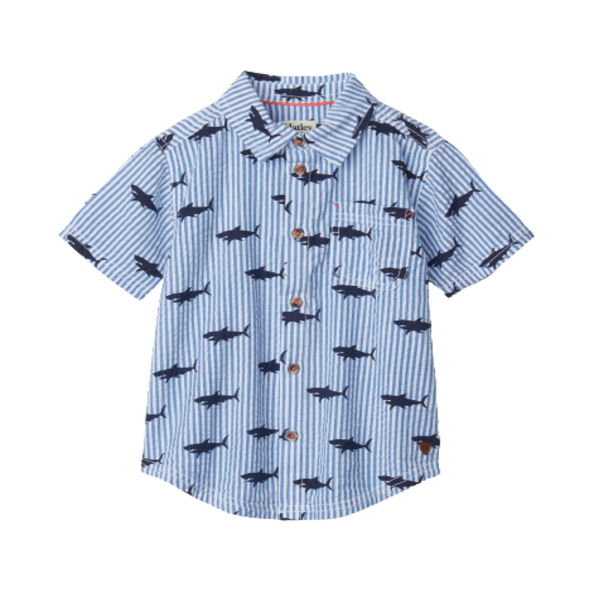 Hatley Seersucker Shark Short Sleeved Button Down Shirt - Heritage Blue