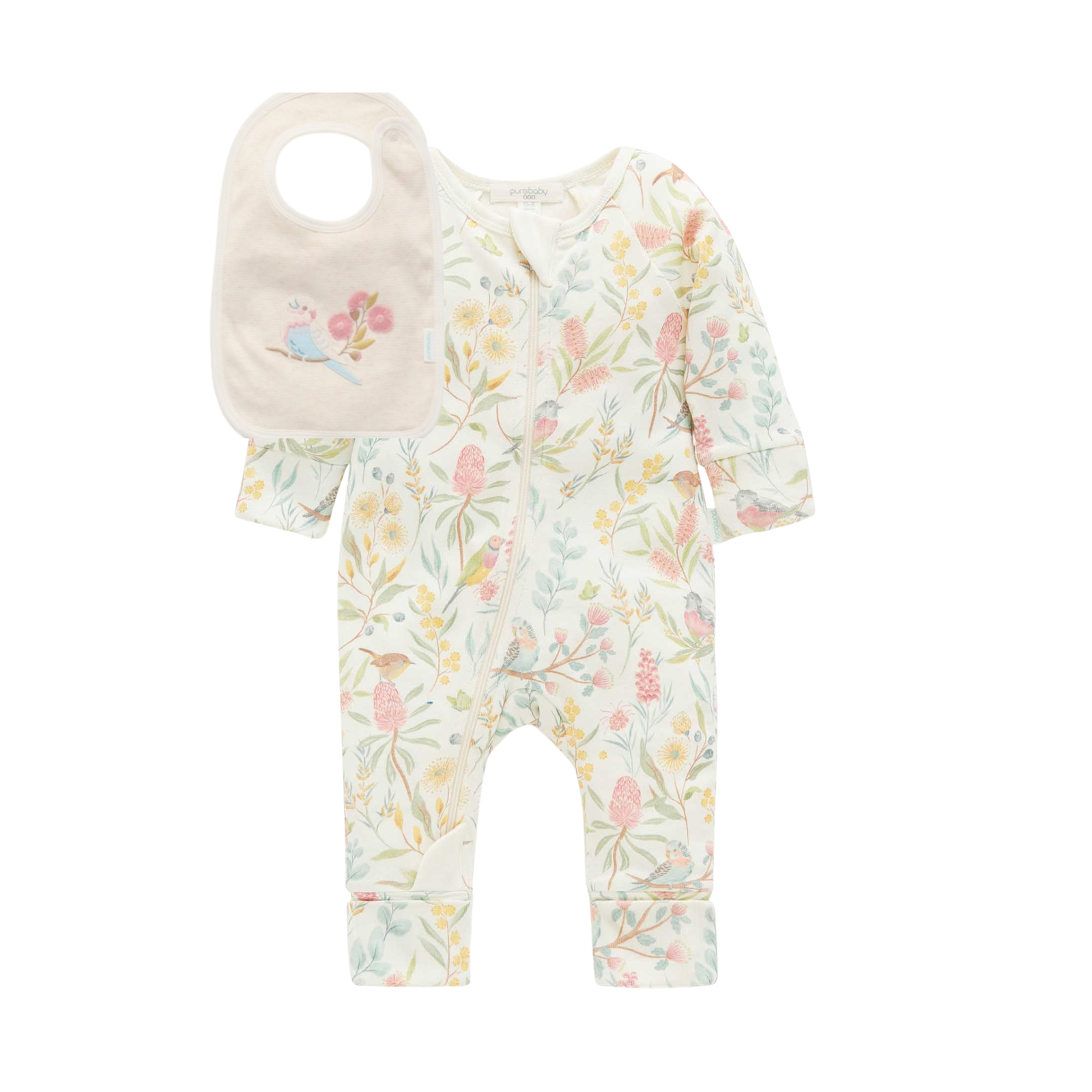 Purebaby Aviary Garden Zip Growsuit & Reversible Bib