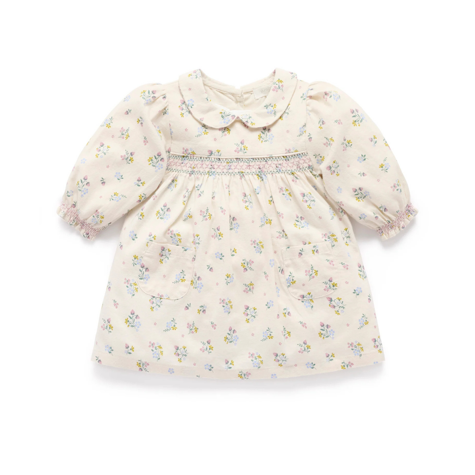 Purebaby Smocked Dress - Wheat  Strawberry  Blossom  Print