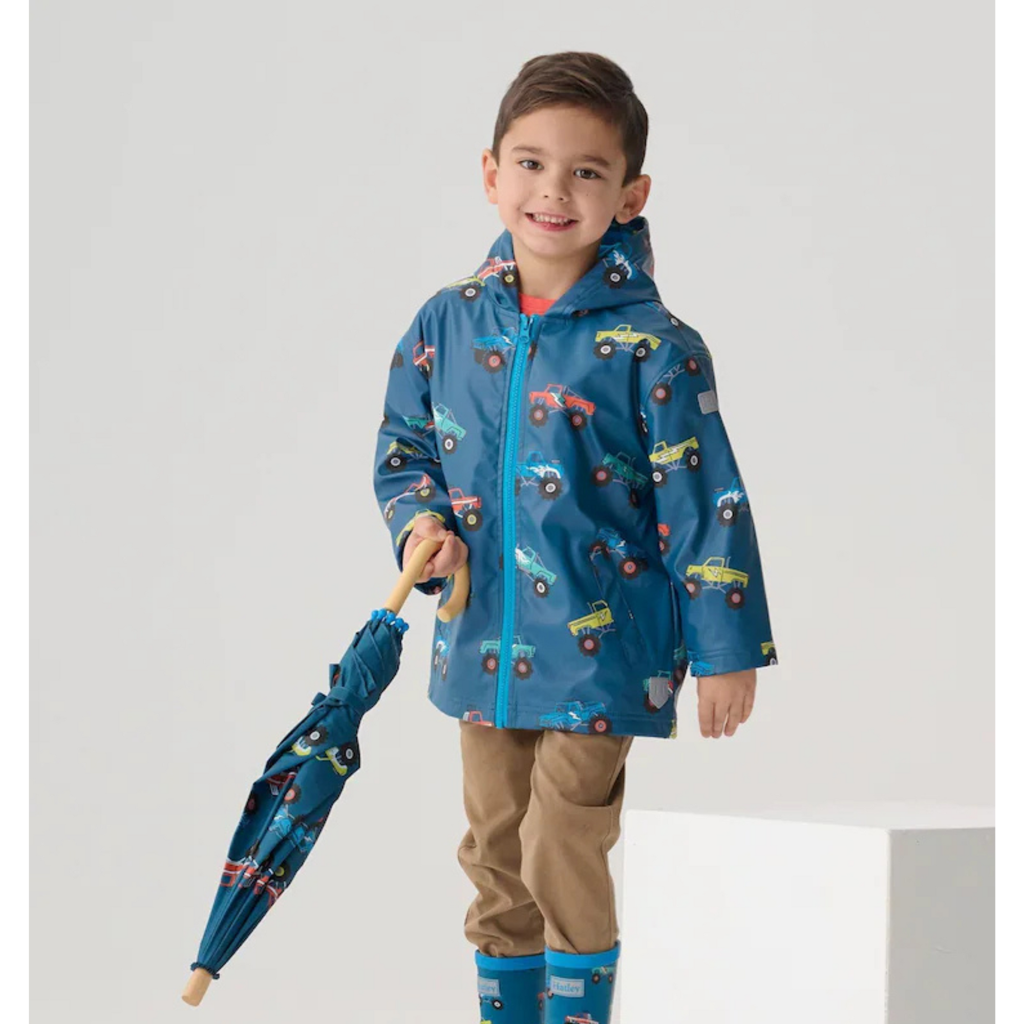 Hatley Monster Trucks Zip Up Rain Jacket - Moroccan Blue