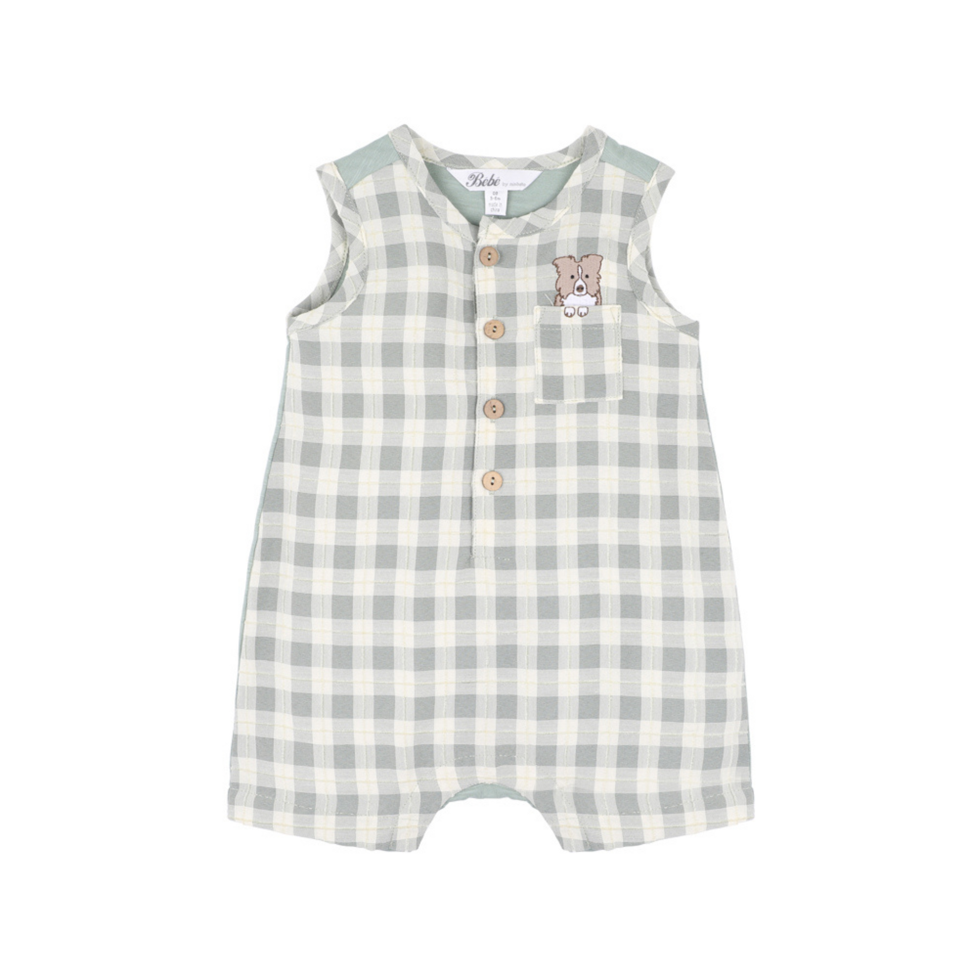 Bebe Chester Embroidered Check Romper - Sage Green Check