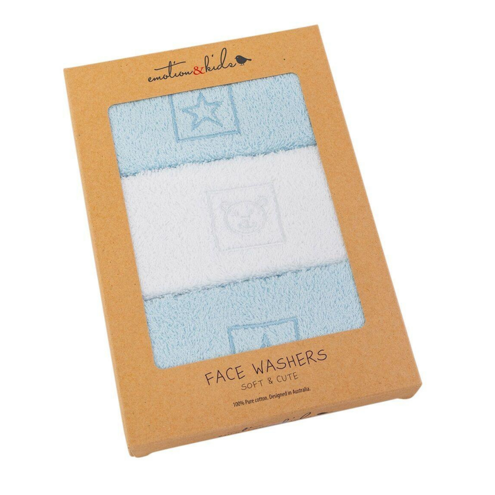 Blue Stars & Teddy Facewasher 3 Pack - Blue/White