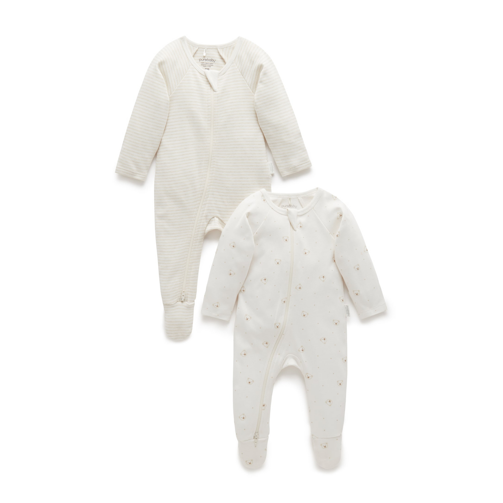 Purebaby 2 Pack Zip Growsuit - Vanilla Bear