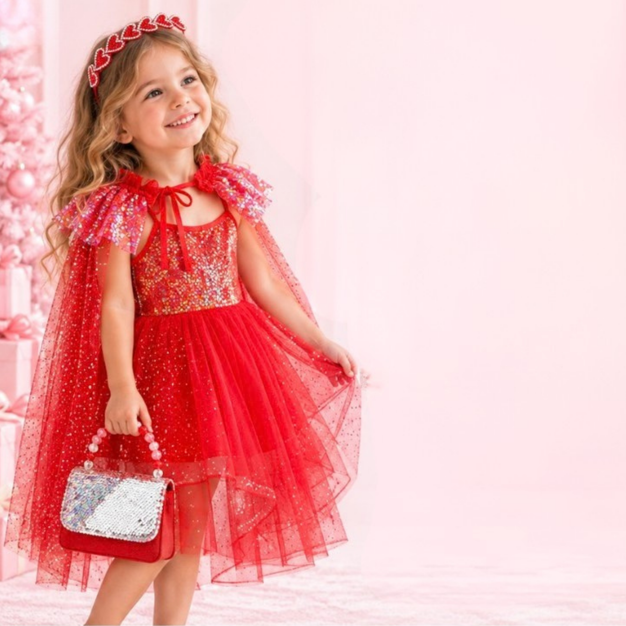 Twinkling Sequin Trim Cape - Red
