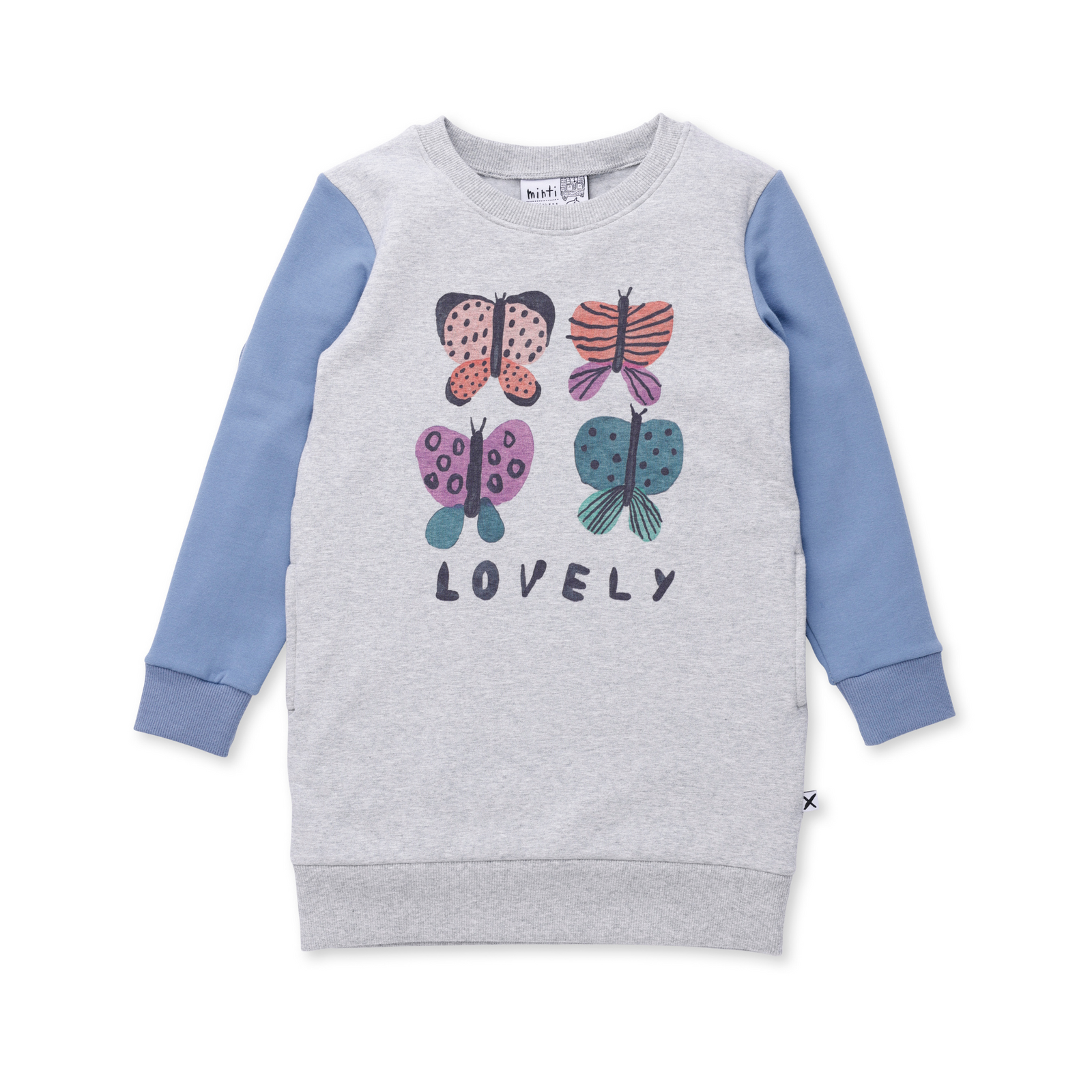 Minti Lovely Butterflies Furry Dress - Grey Marle/Blue