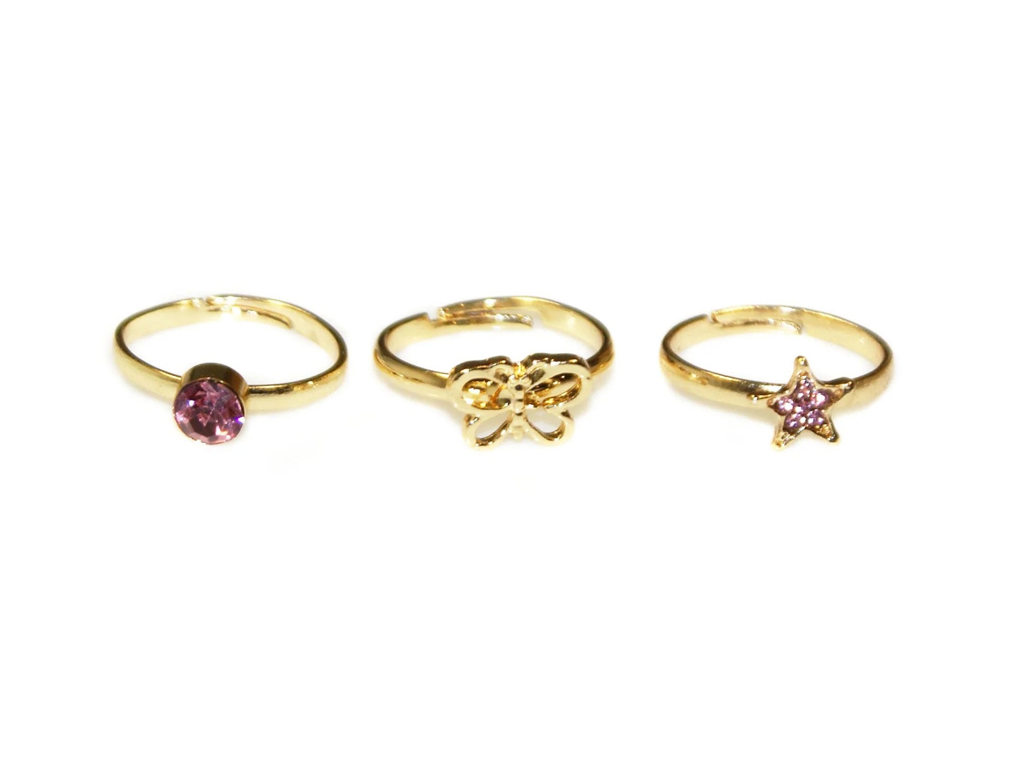 Goody Gumdrops Butterfly Diamante 3 Ring Set - Gold/Pink