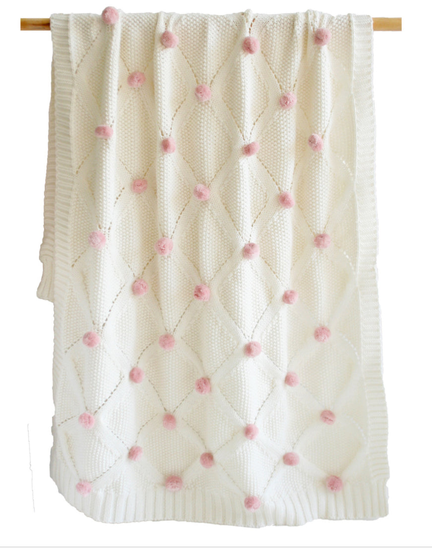 Alimrose Pom Pom Baby Blanket - Ivory & Pink