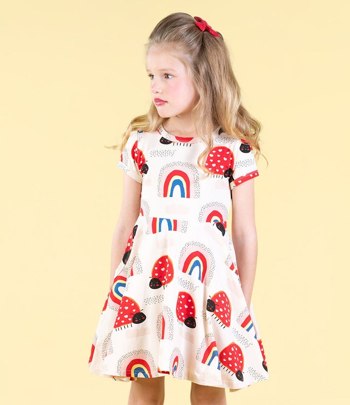 Rock Your Baby Love Bug Rainbow Waisted Dress - Ecru