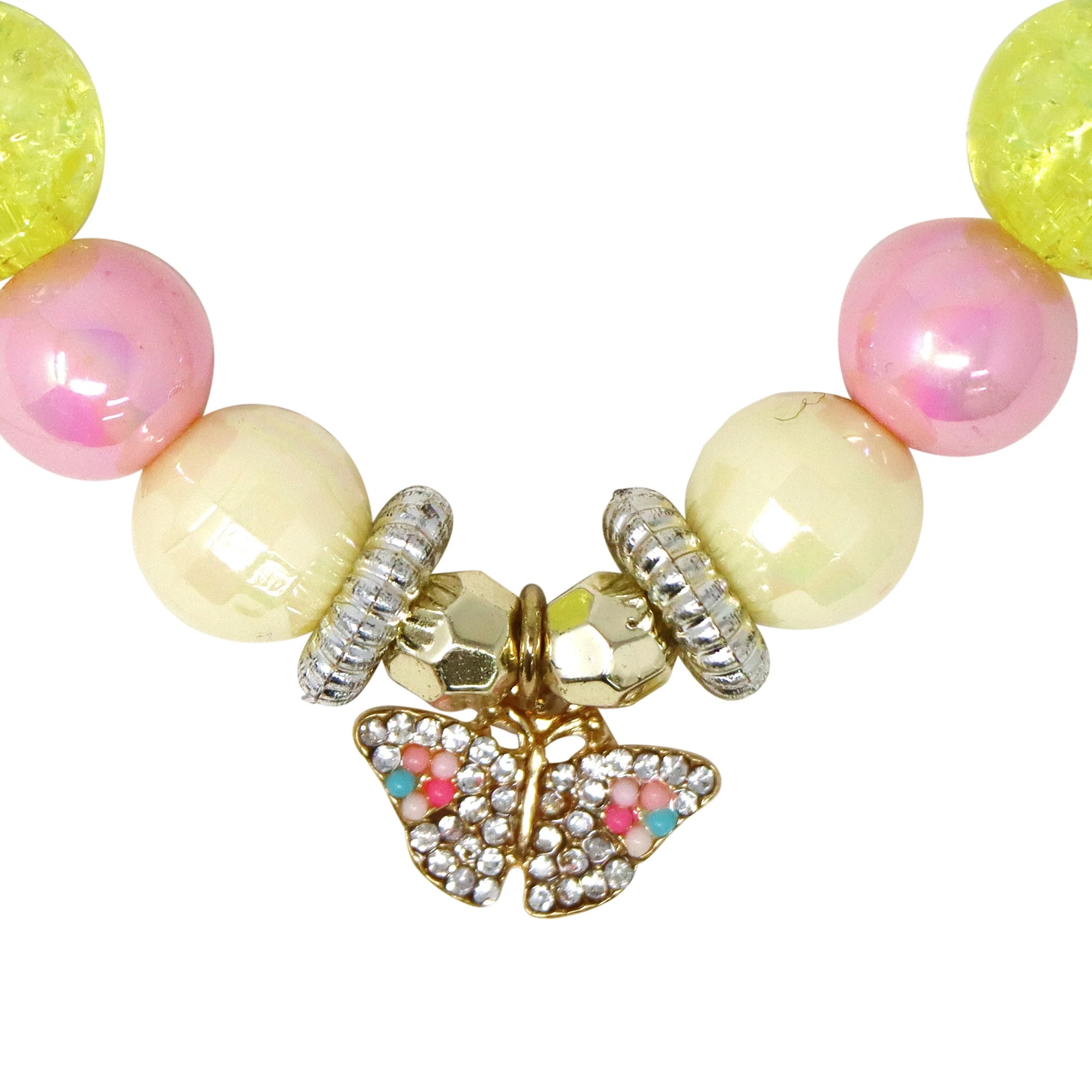 Pink Poppy Rhinestone Butterfly Charm Stretch Beaded Necklace