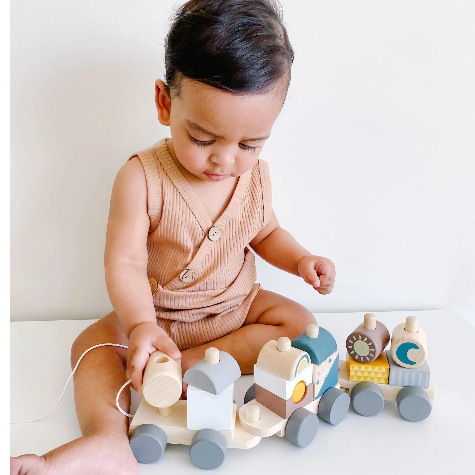 Wooden train set with blocks