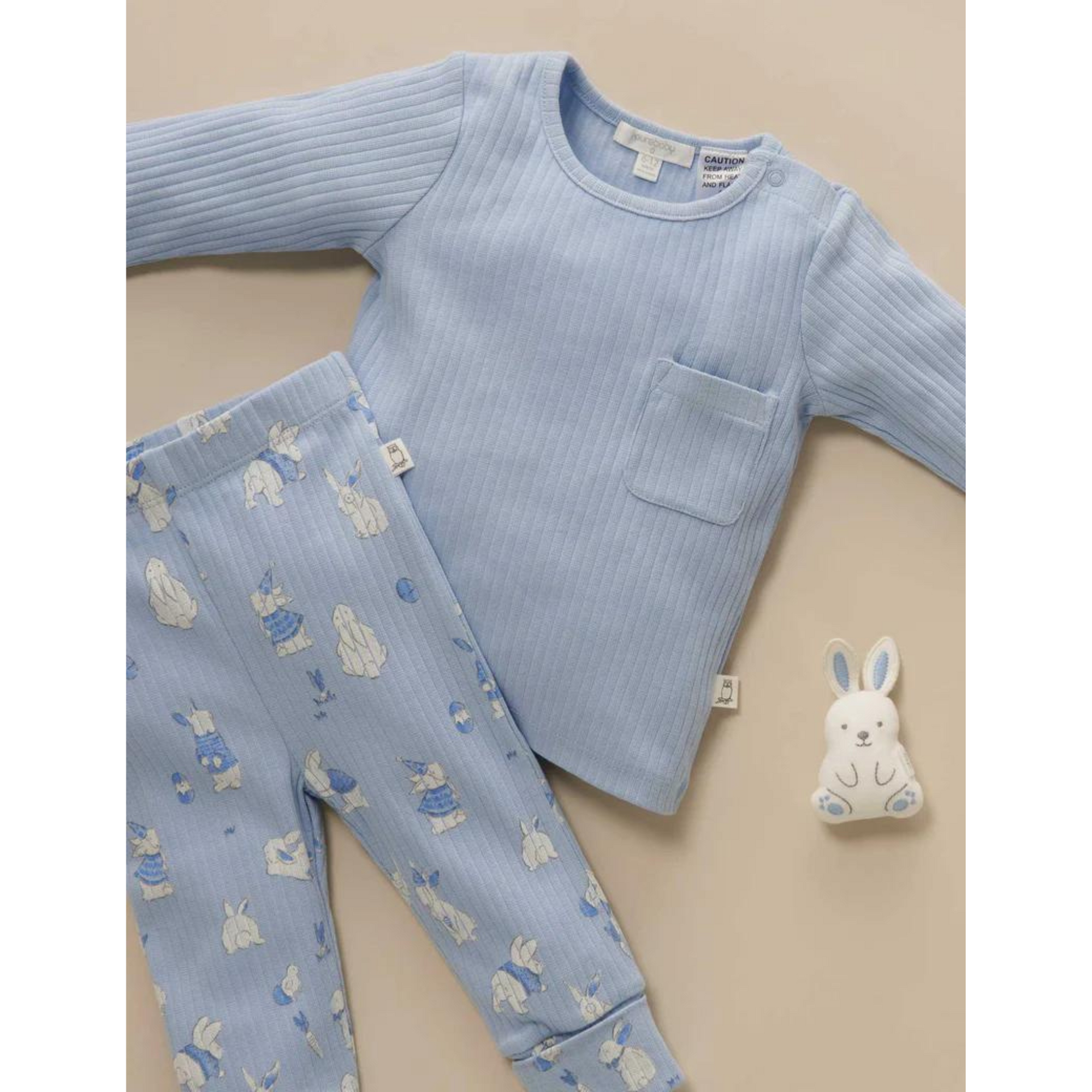 Purebaby Rib PJ Set & Bunny Toy -Icicle Bunny