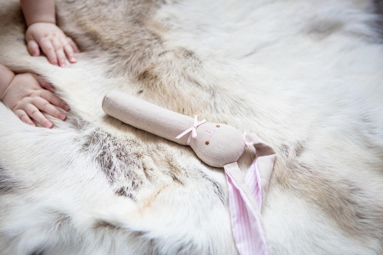 Alimrose Bunny Rattle & Squeaker - Pink Stripe Linen