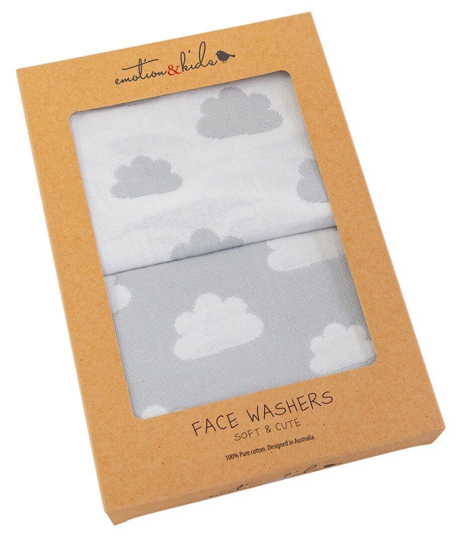 Grey Cloud Muslin Face Washers 2 Pack - Grey/White - facewasher - emotion and kids