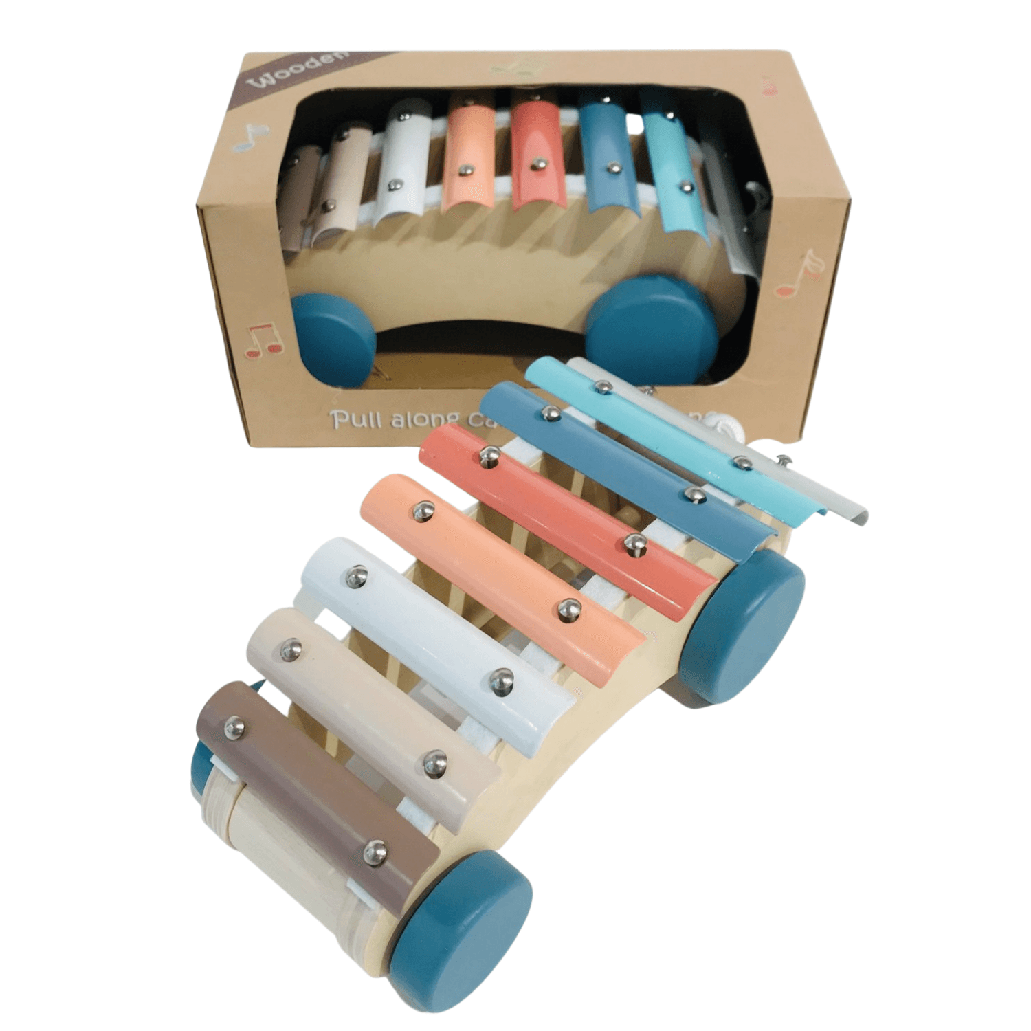 Wooden Pull Along Rainbow Car with Xylophone - Toys - Toyslink